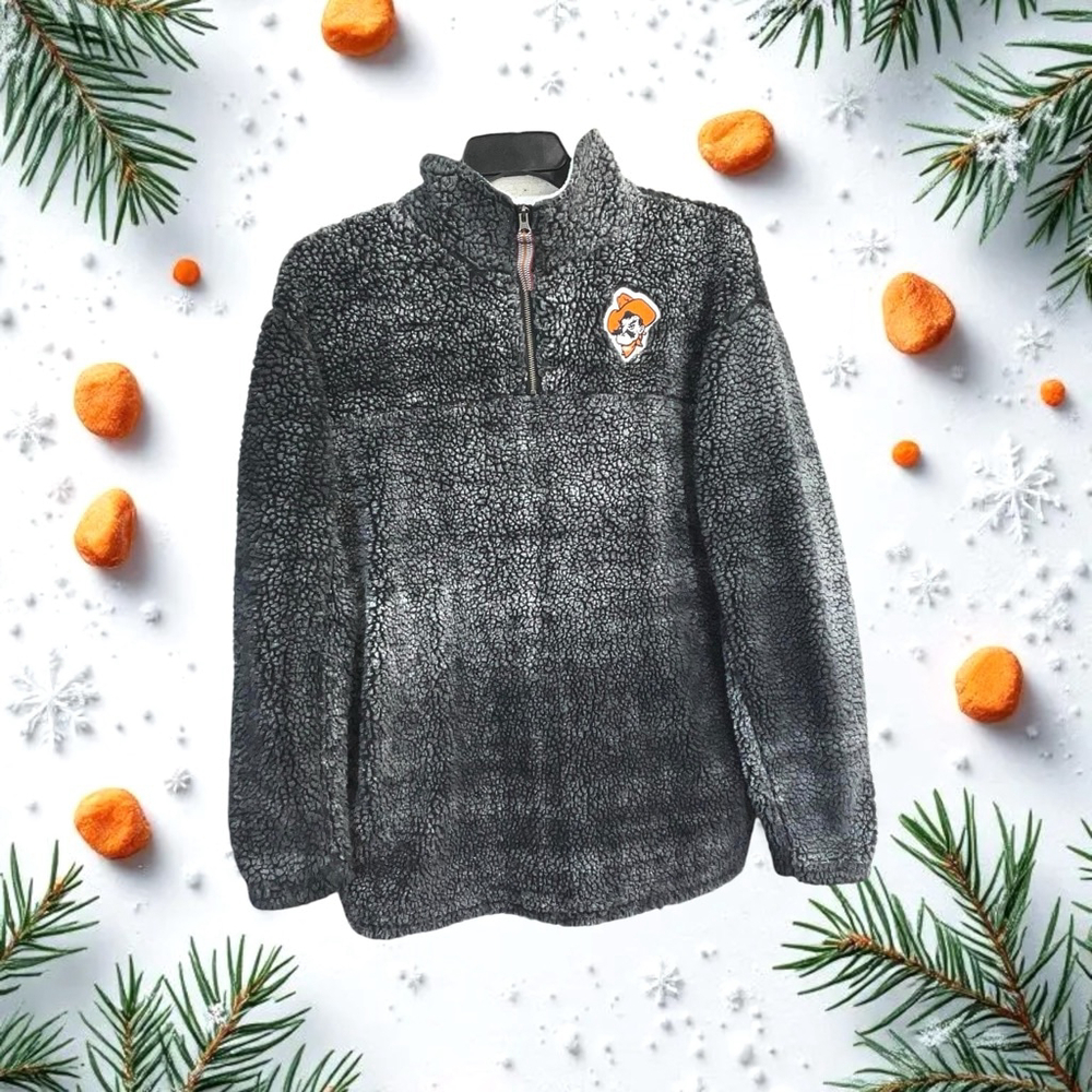 Three Square Black Gray Orange OSU Pullover Partial Zip Sherpa Sweatshirt Men XL